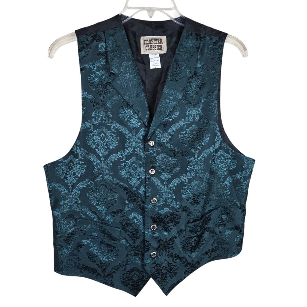 Vintage Frontier Classics Jacquard Vest Sz M Green Button Front Western Cowboy